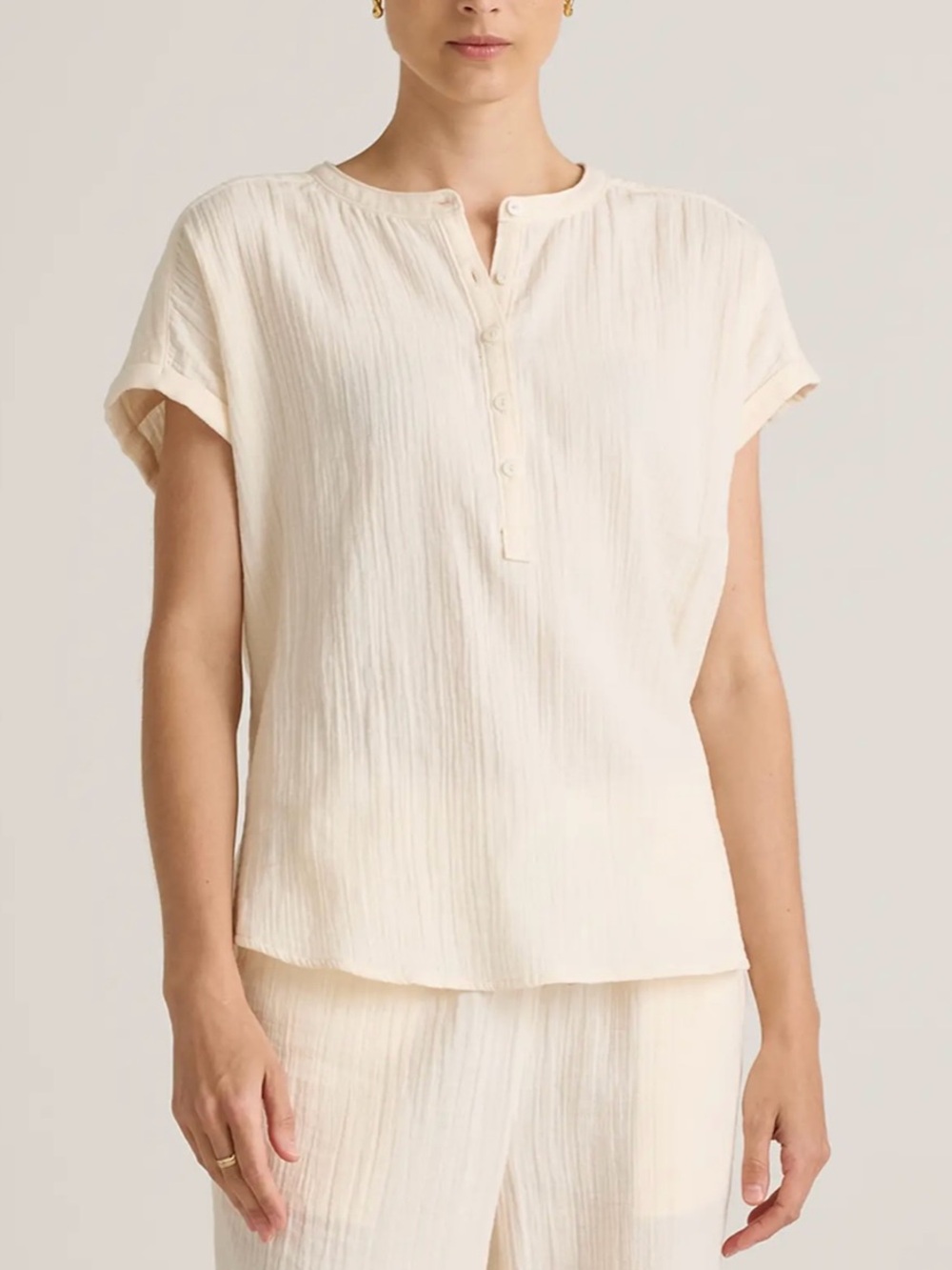 Quince Ivory Cotton Gauze Short Sleeve Henley Top XS